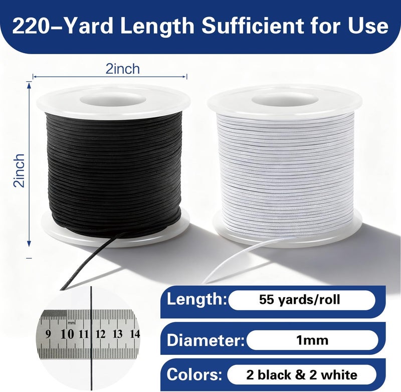 Noawack 220 Yards Stretchy Bracelet String, 1mm Elastic String for Bracelets, 2 White & 2 Black Elastic Cord for Bracelets, Friendship Bracelet String, Tensile Strength String for Crafts, Necklaces & Beads - Image 2